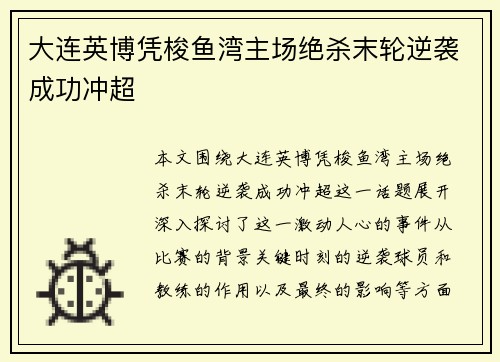 大连英博凭梭鱼湾主场绝杀末轮逆袭成功冲超